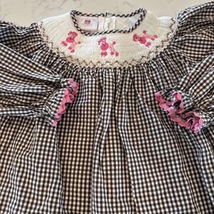 Smocked Embroidered Brown Gingham Dress Pink French Poodles RicRac Details Sz 4T